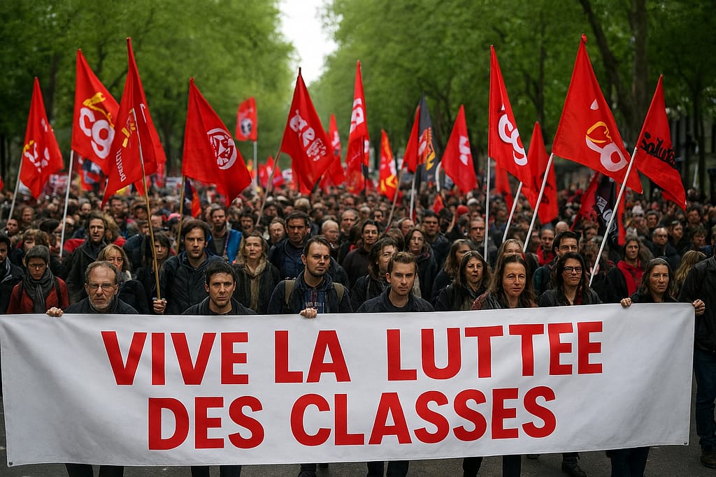 May Day demonstrations in France and Netherlands-workers marching with banners.