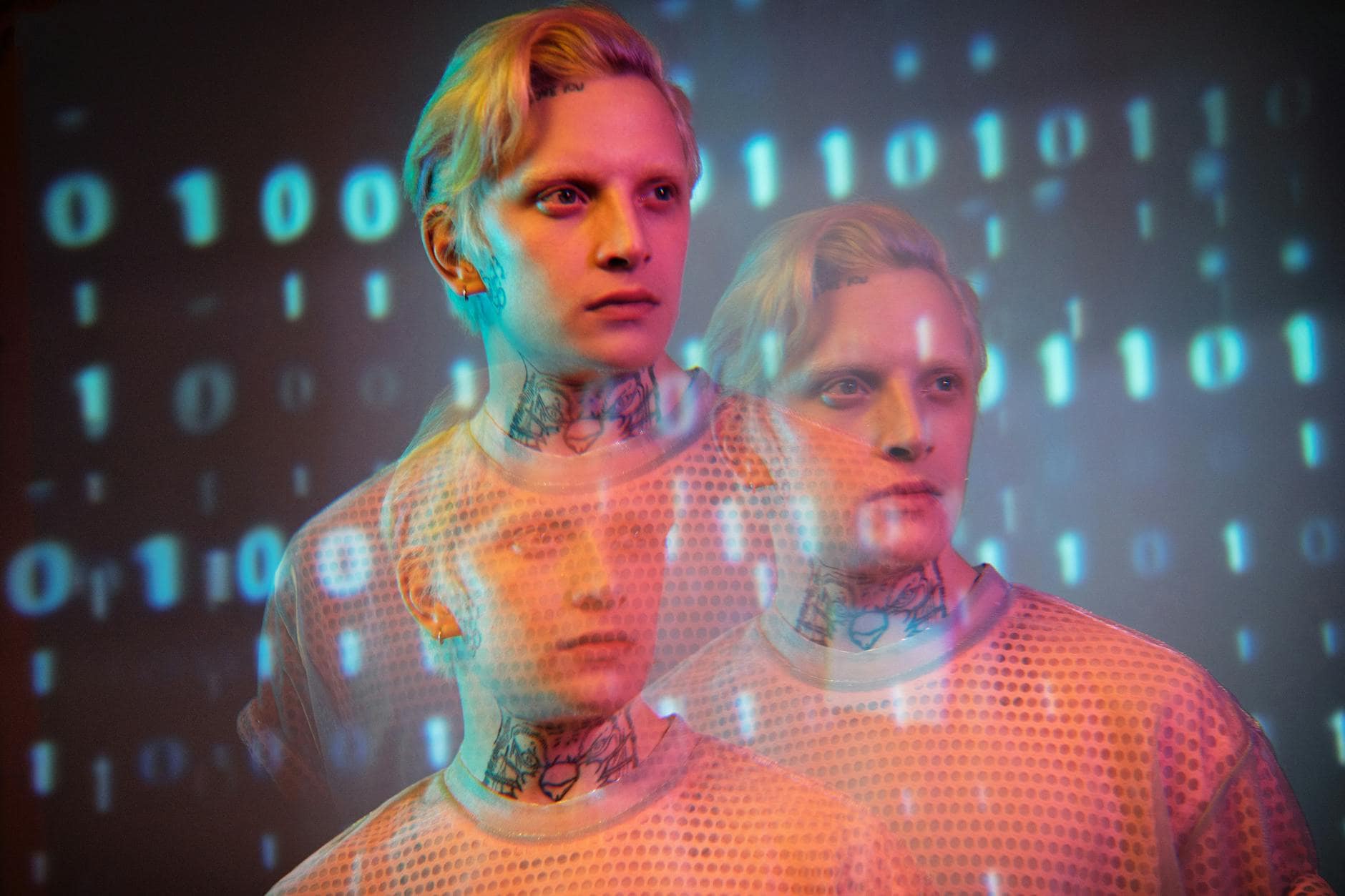 blonde model against binary background representing the illusion of AI intelligence.”