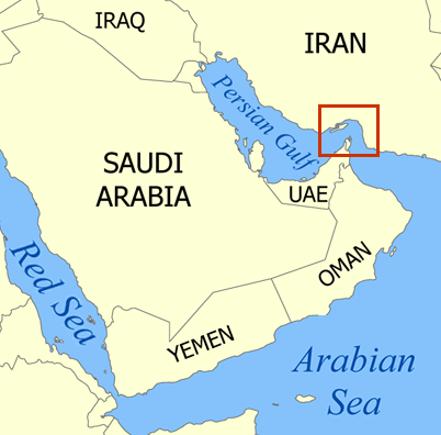 The Strait of Hormuz (red arrow) connects the Arabian Sea and Persian Gulf.- BRICS corridors