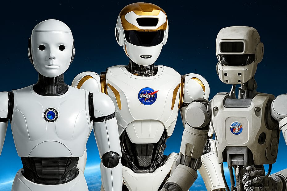 3 silent robots in orbit rehearsing astronaut tasks