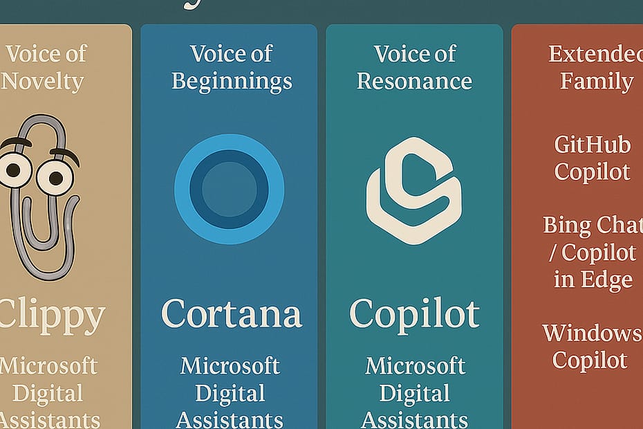 Tech pulse Microsoft digital assistants “Clippy, the animated paperclip — Microsoft’s first digital assistant, Voice of Novelty” “Cortana circular logo — Microsoft’s voice-based assistant, Voice of Beginnings” “Copilot stylized icon — Microsoft’s adaptive assistant, Voice of Resonance” “GitHub Copilot, Bing Chat, Windows Copilot — Microsoft’s extended digital assistant family”